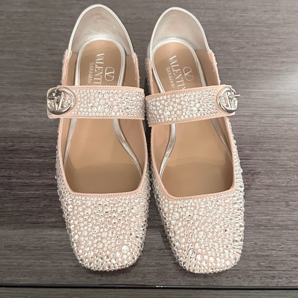 Valentino Garavani VLogo Crystal Nude Square Toe Ballerina Maryjane Flats 35